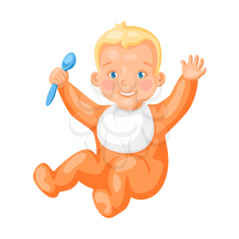 Illustration of cute little baby with spoon. Eating pretty child.