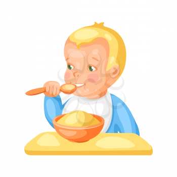 Illustration of cute little baby with plate of porridge. Eating pretty child.