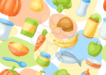 Seamless pattern with baby food items. Healthy child feeding.