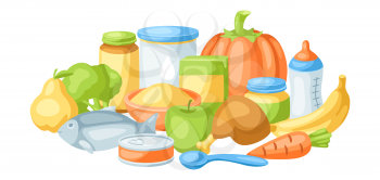 Background with baby food items. Healthy child feeding.