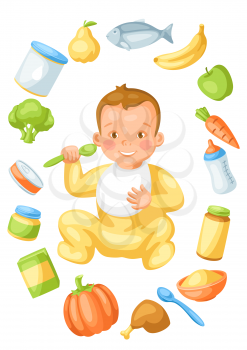 Background with cute little baby and food items. Healthy child feeding.