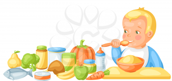 Background with cute little baby and food items. Healthy child feeding.