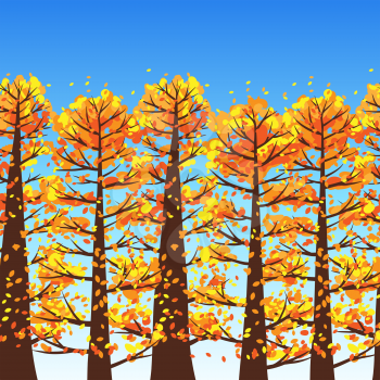Autumn forest background with stylized trees. Seasonal illustration.
