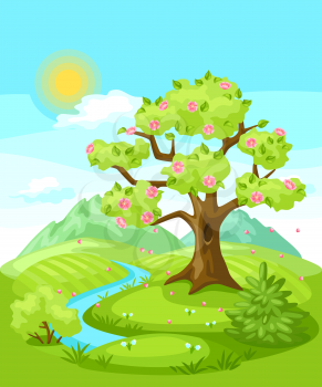 Spring landscape with trees, mountains and hills. Seasonal nature illustration.