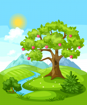 Summer landscape with trees, mountains and hills. Seasonal nature illustration.