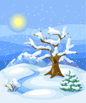 Winter landscape with trees, mountains and hills. Seasonal nature illustration.