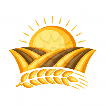 Illustration of field with ripe wheat ear. Agricultural emblem.