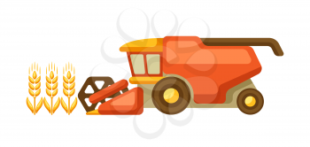 Illustration of combine harvester with ripe wheat ears. Agricultural emblem.