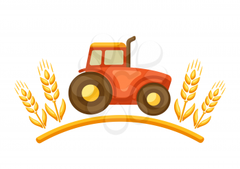 Illustration of harvest tractor with ripe wheat ears. Agricultural emblem.