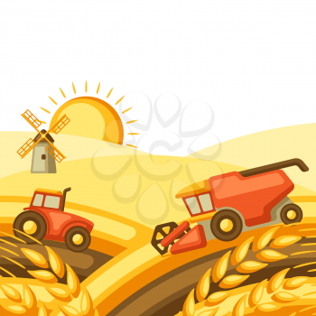 Harvesting background. Combine harvester, tractor and granary on wheat field. Agricultural illustration farm rural landscape.