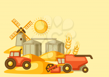 Harvesting background. Combine harvester, tractor and granary on wheat field. Agricultural illustration farm rural landscape.