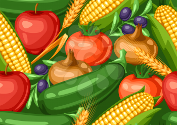 Harvest seamless pattern with fruits and vegetables. Autumn seasonal illustration.