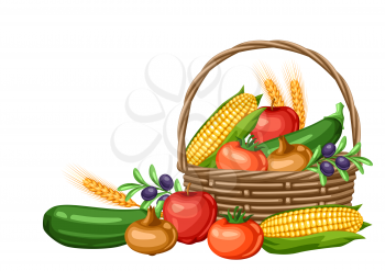 Harvest illustration of basket with seasonal fruits and vegetables. Autumn seasonal design.
