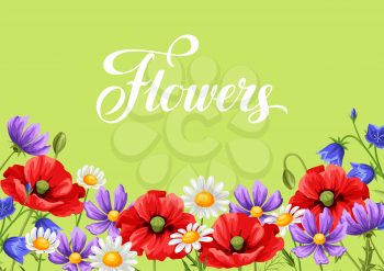 Background with summer flowers. Beautiful realistic poppies, daisies and bells.
