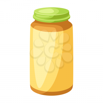 Illustration of stylized jar of baby puree. Icon in carton style.