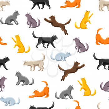 Seamless pattern with stylized cats in various poses. Cute kitten background.
