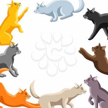 Background with stylized cats in various poses. Cute kitten illustration.