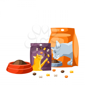 Background with various cat items. Illustration of food.