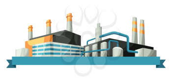 Illustration with factories or industrial buildings. Urban manufactory landscape of constructions.