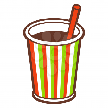 Illustration of fast food glass of soda. Tasty fastfood lunch product icon.