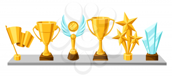 Awards and trophy on shelf. Reward illustration for sports or corporate competitions.