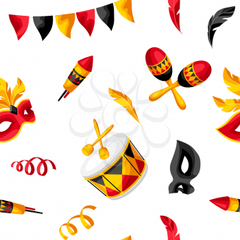 Carnival party seamless pattern with celebration icons, objects and decor. Illustration for traditional holiday or festival.