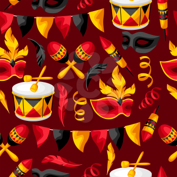 Carnival party seamless pattern with celebration icons, objects and decor. Illustration for traditional holiday or festival.