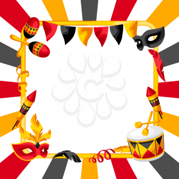 Carnival party background with celebration icons, objects and decor. Illustration for traditional holiday or festival.