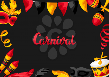 Carnival party background with celebration icons, objects and decor. Illustration for traditional holiday or festival.