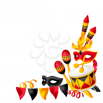 Carnival party corner with celebration icons, objects and decor. Illustration for traditional holiday or festival.