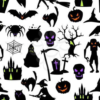 Happy Halloween seamless pattern with celebration items. Background for holiday and party.