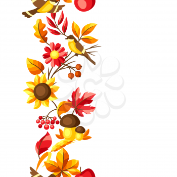 Autumn seamless pattern with seasonal leaves and items. Background of foliage and flowers.