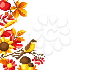 Autumn background with seasonal leaves and items. Illustration of foliage and flowers.