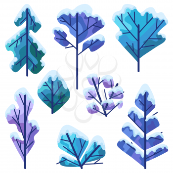 Set of winter trees. Natural stylized illustration of forest.
