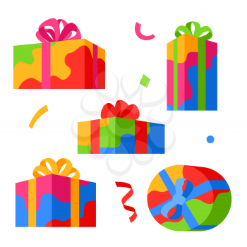 Icon set of gift boxes. Colorful presents for celebration, discounts or promotions.