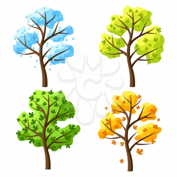 Four seasons trees. Illustration of tree in winter, spring, summer, autumn.