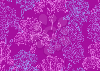 Seamless pattern with violet irises. Beautiful decorative stylized summer flowers.