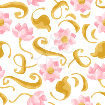 Floral seamless pattern. Pink and gold pretty flowers.