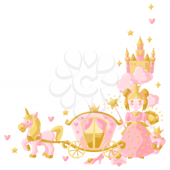 Princess party items frame. Fairy kingdom and magic world illustration. Decoration for children celebration.