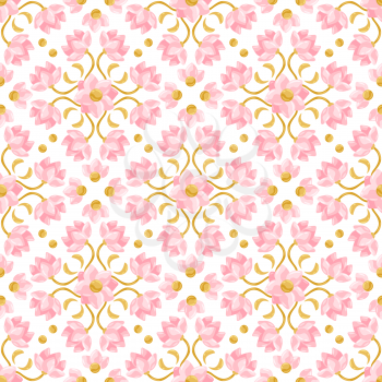 Ceramic tile pattern with lotus. Stylized image of water lily in pink and gold.