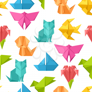Seamless pattern with origami toys. Folded colored paper objects.