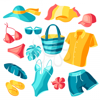 Set of beachwear and swimwear. Summer clothes and accessories. Seasonal sale or fashion background for advertising.