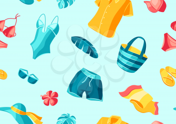 Seamless pattern with beachwear and swimwear. Summer clothes and accessories. Seasonal sale or fashion background for advertising.
