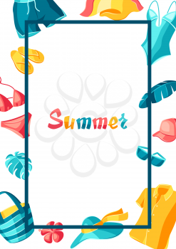 Background with beachwear and swimwear. Summer clothes and accessories. Seasonal sale or fashion illustration for advertising.