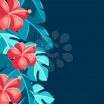 Background with hibiscus flowers and palm leaves. Tropical floral decorative illustration.