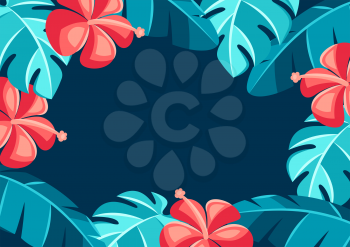 Background with hibiscus flowers and palm leaves. Tropical floral decorative illustration.
