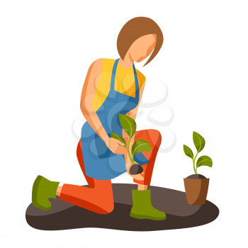 Illustration of young girl planting seedlings. Season gardening image.