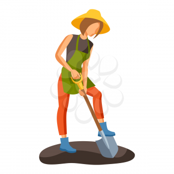 Illustration of young girl digging ground. Season gardening image.