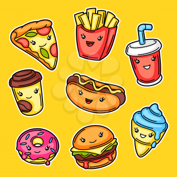 Set of cute kawaii fast food meal. Tasty funny characters of fastfood.