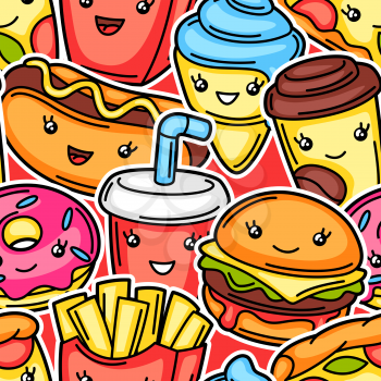 Seamless pattern with cute kawaii fast food meal. Tasty funny characters of fastfood.